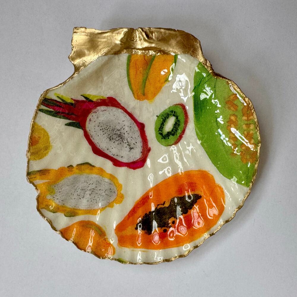 Tropical Fruit Shell Ring Dish Handmade Dish Dragon Fruit Papaya Boho Gift - Picture 2 of 3